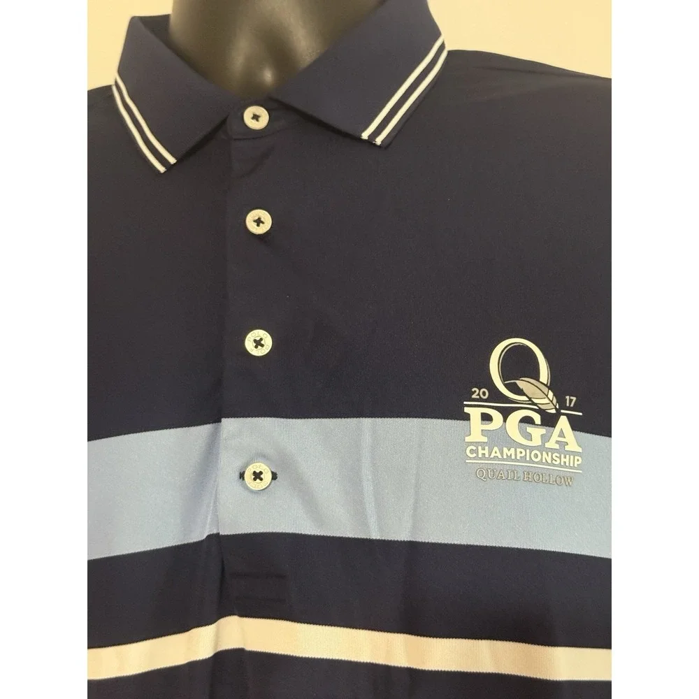 Polo Ralph Lauren Golf Polo Sz L Blue White Striped PGA Quail Hollow Logo - Picture 3 of 14